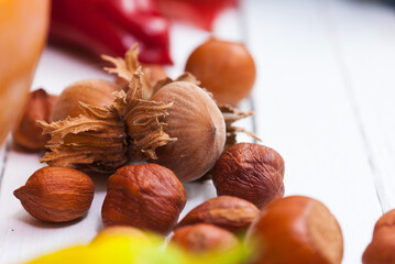 autumn fruits and vegetables on white wooden
