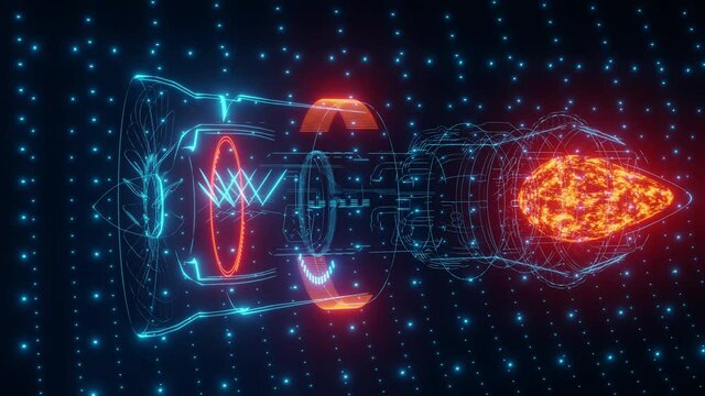 3D Model Detailed Silhouette of Jet Engine Turbine. Blue Jet Made of Blue Lines in Tron Style.
