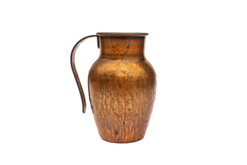Small gold shiny old copper / bronze  jug / pot with handle on a white studio background
