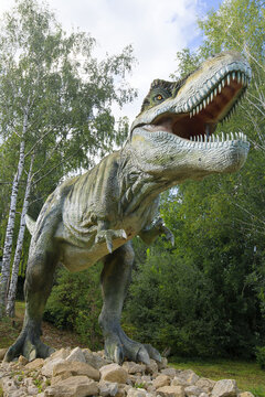 KOTELNICH, RUSSIA - AUGUST 30, 2017: Sculpture of Tyrannosaurus Rex close up 