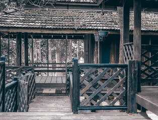 Fototapeta na wymiar wood terrace balcony of traditional Thai house in garden