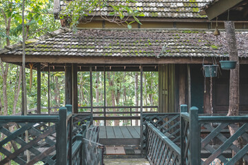 wood terrace balcony of traditional Thai house in garden