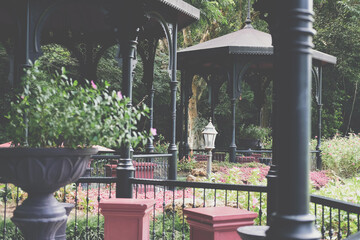 gazebo pavilion in garden park. tranquil nature scene