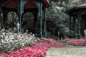 gazebo pavilion in garden park. tranquil nature scene
