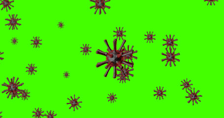 Covid-19 coronavirus 3d realistic model on green screen background. Close-up of coronavirus cell and protein spikes multiplying on chroma.