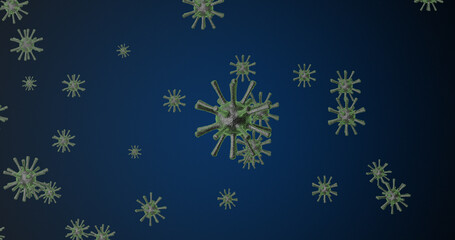Covid-19 coronavirus 3d realistic model . Close-up of coronavirus cell and protein spikes multiplying with blue background.