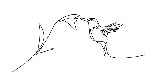 Papier Peint photo autocollant Une ligne Dessin continu d& 39 une ligne de dessin de minimalisme de colibri. Oiseau volant sur des fleurs isolées sur fond blanc. Concept de parc zoologique national aviaire. Colibri isolé illustration vectorielle