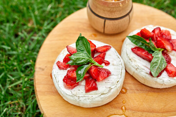 Grilled camembert cheese with strawberry, honey and basil leaves, delicatessen, camembert cheese fondue on the grass background..