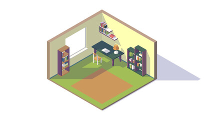 isometric low poly room interior, workspace, chair, desk, window, bookshelf, bookcase, lamp, vector illustration