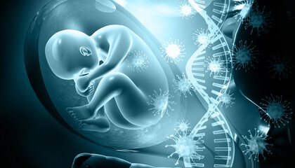 Human fetus with virus infected dna strand. 3d illustration.