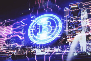 Multi exposure of cryptocurrency theme hologram drawing and city veiw background. Concept of...