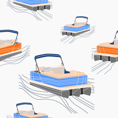 Editable Empty Three-Quarter Semi Top Oblique Front View American Pontoon Boat on Wavy Lake Vector Illustration Seamless Pattern for Creating Background of Transportation or Recreation Related Design