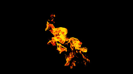 Fire flames on black background isolated. Burning gas or gasoline burns with fire and flames. Flaming burning sparks close-up, fire patterns. Infernal glow of fire in the dark with copy-space