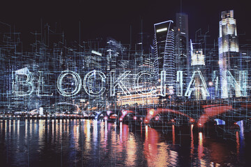 Fototapeta premium Multi exposure of cryptocurrency theme hologram drawing and city veiw background. Concept of blockchain and bitcoin.