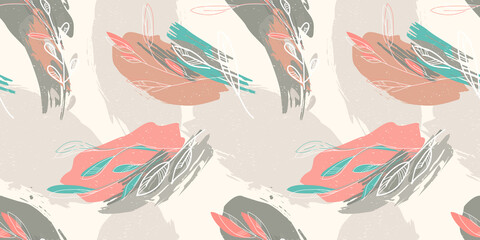 Nature Seamless Pattern. Floral Background with Hand Drawn Leaves.