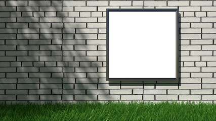 An empty frame on a brick wall with tree shadows. Blank poster template. 3D rendering.