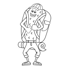 Anthropomorphic cucumber goes on hiking trip with a large backpack to nature. He smiles happily. Vector illustration with elements of art line style. Isolated object on white. Black and white coloring