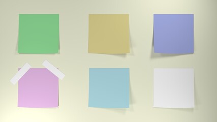 Colorful stickers on the wall. Template for notes. 3D rendering.