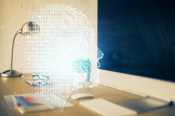 Double exposure of work space with computer and human brain drawing hologram. Brainstorm concept.