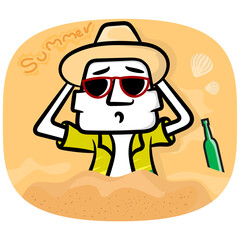 White man cartoon relaxing on the beach vector summer holiday background