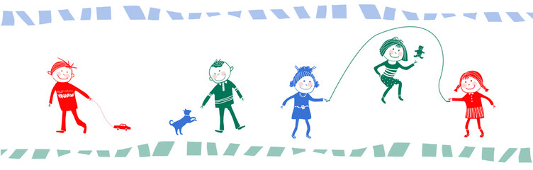 Happy children and dog playing