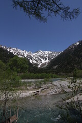Fototapeta na wymiar Japan North Alps and Azusa-river in spring