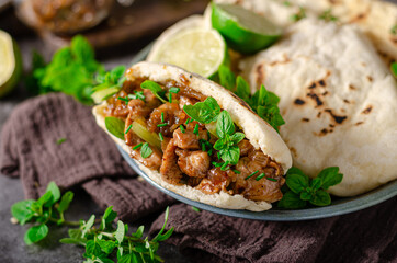 Homemade pita bread with meat and herbs