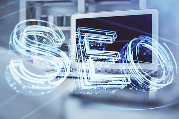 Multi exposure of table with computer and seo drawing hologram. Search optimization concept.