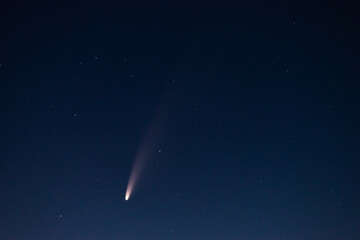 View of the C/2020 F3 (NEOWISE) comet close-up at night among the stars. The brightest C/2020 F3 (NEOWISE) comet in the last few years. Large dusty tail of a C/2020 F3 (NEOWISE) comet close-up . © dmitriydanilov62