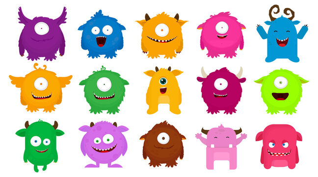 Big Set of colorful cartoon cute monsters. Vector illustration. Flat design.