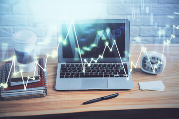 Multi exposure of forex chart and work space with computer. Concept of international online trading.