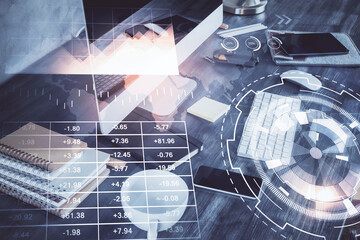 Multi exposure of forex chart and work space with computer. Concept of international online trading.