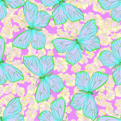 Blue butterflies and yellow flowers. Vector seamless pattern