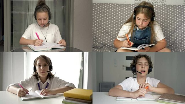 Video lesson. Students communicate with the teacher via the Internet. Concept of distance learning.