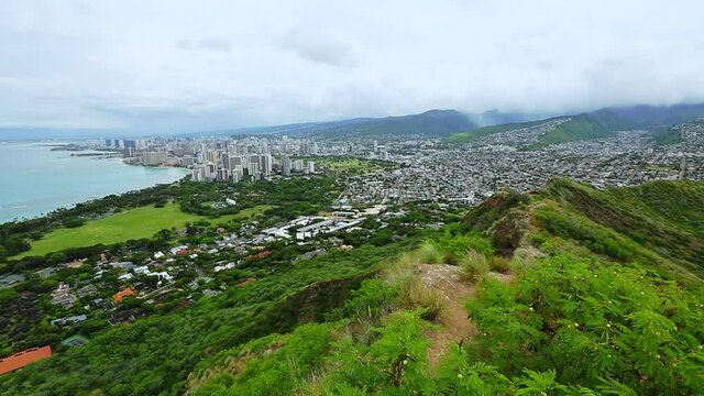 Travel panorama of Honolulu and Waikiki beach, Oahu in Hawaii from Diamond Head State Monument. Nature and city view during hawaiian hiking: Diamond Head.