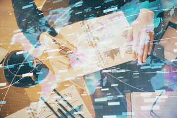 Multi exposure of woman's writing hand on background with data technology hud. Big data concept.