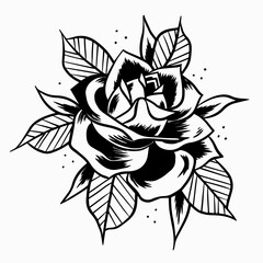 Old School black Rose. Print for t-shirt postcards logo icons. Vintage traditional art. Simbol of love. Barbershop or tattoo studio design. Stock vector illustration isolated on white.