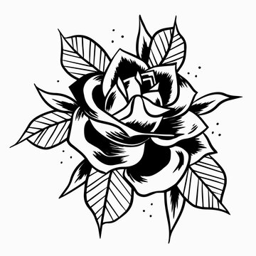 Old School black Rose. Print for t-shirt postcards logo icons. Vintage traditional art. Simbol of love. Barbershop or tattoo studio design. Stock vector illustration isolated on white.