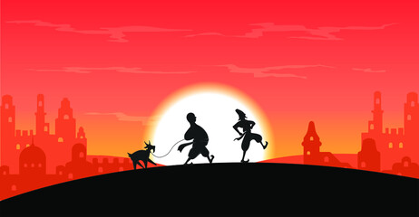 celebration of holiday Novruz Bayram, sunset sky over old town, traditional characters dancing,  landscape, silhouettes, vector illustration