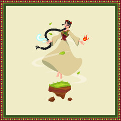vector illustration for Novruz Bayram, girl in traditional Azerbaijani clothes dancing with nature elements