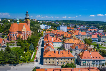Fototapeta na wymiar Wodzislaw Slaski. Poland. Aerial view of main square and city center of Wodzislaw Slaski. Upper Silesia. Poland.