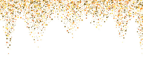 Golden sparkling widescreen star dust background consisting of golden stars isolated on a white background. Vector illustration.