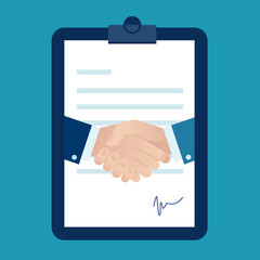 Agreement. Handshake. Signing the contract. Business vector illustration