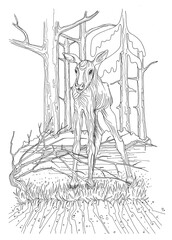 Little moose in the forest alone. Monochrome illustration. Pen drawing.