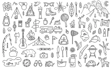 Foto op Plexiglas Set of outline camping theme elements. Symbols of tourism and outdoor activities in doodle style. Vector illustration. Hand-drawn travel elements. © Ansty art
