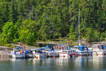 Fototapeta na wymiar Boats at a beach with a forest