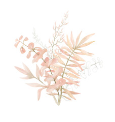 Watercolor composition with plants and leaves in pastel pink color. Aesthetic gently bouquet in boho style with palm leaf, eucalyptus, foliage, nature element. Illustration for wedding, business card.