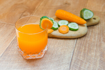 Sliced carrots and cucumbers. Carrot juice. Healthy Eating, Healthy Breakfast