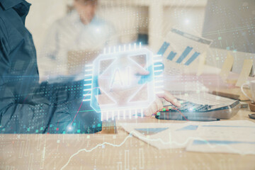 Multi exposure of tech drawings with man working on computer background. Concept of innovation.