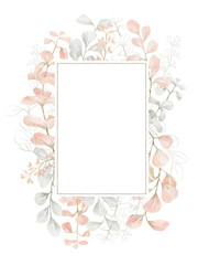 Watercolor frame with plants and leaves in pastel pink color. Aesthetic gently wreath in boho style with palm leaf, eucalyptus, foliage, nature element. Illustration for wedding, business card.
